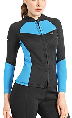 REIRQIE 1.5MM Neoprene Womens Wetsuit Top Jacket, Long Sleeve Diving Jacket with Front Zipper, Swimsuit for Surfing Kayaking Water Sports,Blue,M
