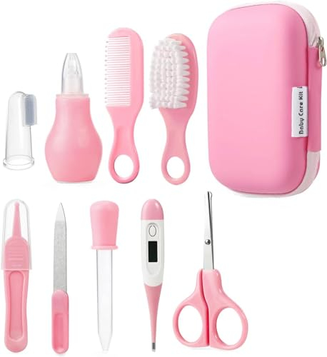 PandaEar Baby Pflegeset 10 teilige Erstausstattung für Neugeborene, Baby Nagelpflegeset Care Set, Baby Nagelfeile Babykamm, Bürste, Fingerzahnbürste, Nagelschneider, Schere, Nasenaspirator (Rosa)