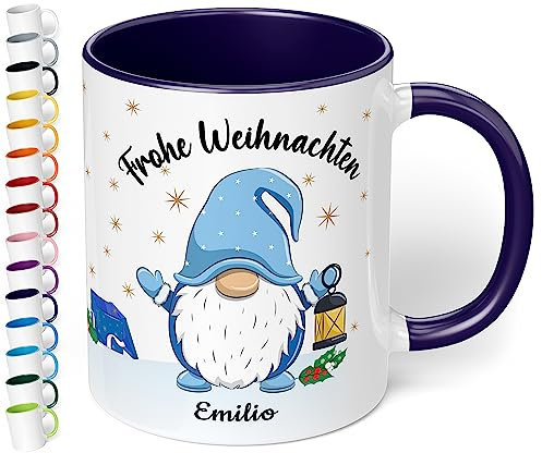 True Statements Weihnachtstasse mit Namen personalisiert „Frohe Weihnachten Wunschname“ - 330ml Keramik Kaffeebecher mit Wichtel-Motiv und Spruch – Geschenk zu Weihnachten (Kobaltblau)