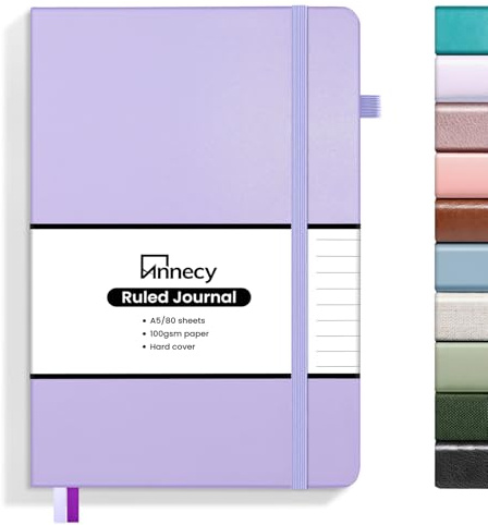 Annecy Lined Journal Notebook, Hardcover Leather Journal for Women & Men, 160 Numbered Pages, Medium 5.5 x 8.25, 100 GSM Thick Paper, Purple