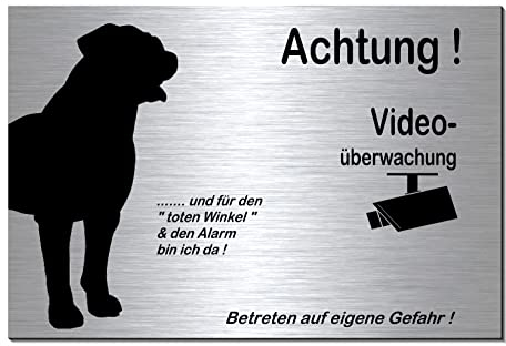Rottweiler-Video überwacht-Hund-Schild-Hundeschild- 300 x 200 x 3 mm-Aluminium-Edelstahloptik-Hunde-Tierschild-Warnschild-Hinweisschild (133-40 mit 4 Löcher)