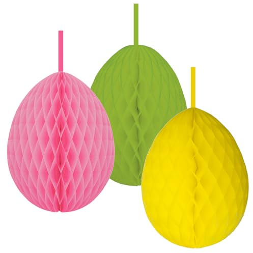 Deco Woerner Ostereier aus Wabenpapier 3er Set pink, gelb, zum Hängen 40 cm hoch Osterdeko, Decken-Dekoration