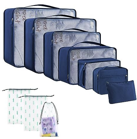 SHAINE 10 Teilige Packing Cubes, Kofferorganizer Packtaschen Set Travel Accessories wasserdichte Reise Koffer Organizer Packwürfel für Rucksack Kosmetiktasche Kleidertaschen Schuhbeutel Dunkelblau