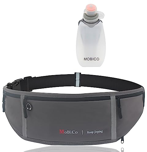 Mobico Laufgürtel für Handy - Lauftasche Jogging, Hüfttasche, Sportgürtel, Running Belt zum Joggen, Laufen, Sport, Fitness - passend für alle Smartphones (Grey+Bottle)