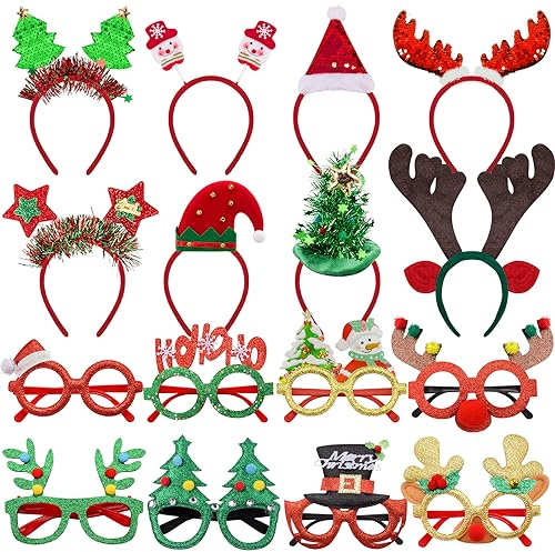 SIQUK 16 Stück Haarreifen Weihnachten Stirbnband Weihnachten Brillen Rahmen Weihnachts Kopfschmuck Weihnachtsbaum Brillenrahmen Weihnachts Dekoration für Weihnachs Party Kostüm