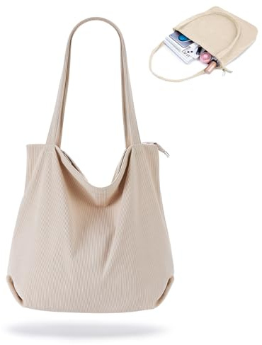 Xinlon Damen Umhängetasche, Strandtasche mit Reißverschluss, Grosse Kapazität Cord Schultertasche, Handtasche Schultertaschen Damen für Arbeit Büro Reisen Einkaufen Schule und Alltag (Beige)