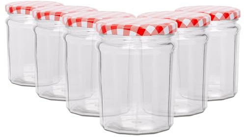 Argon Tableware Glass Jam Jars with Airtight Red Gingham Lids - 380ml - Pack of 6 - Empty Screw Top Kitchen Storage Jar for Food, Honey, Spice, Pickling, Preserving, Candle Making