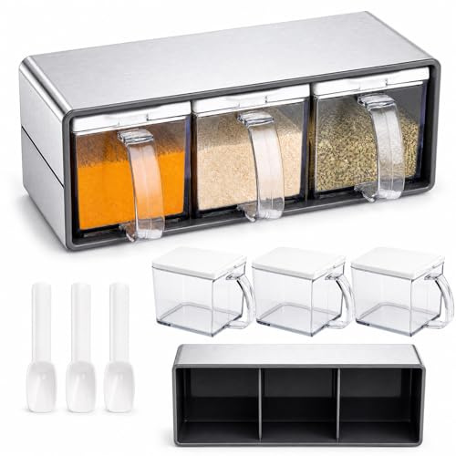 ZENFUN Caja organizadora de condimentos de 3 rejillas, contenedor de sal de acero inoxidable con tapa y cuchara, recipientes de condimentos con estante de acero inoxidable para el hogar, cocina,