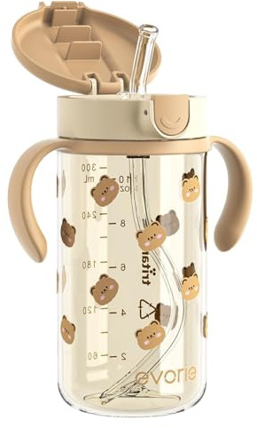 Evorie Tritan Spill Proof Toddler Straw Sippy Cup, for Baby and Toddlers 1-3 Years Old, 300ml, No Spill Straw Water Bottle with Removable Handles, Ideal for School, BPA-Free, Honey Bear