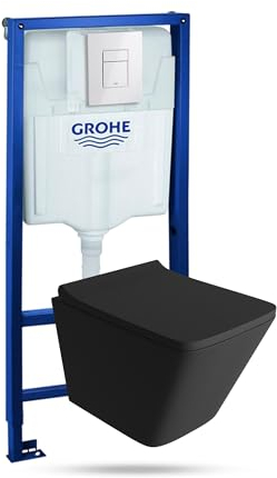 LAVITA Vorwandelement Solido + Wand Hänge WC Lago Schwarz Spülrandlos + + WC Sitz mit Absenkautomatik Glänzend Weiß Knopf Komplettset Unterputz Spülkasten Toilette Komplett Sett WC