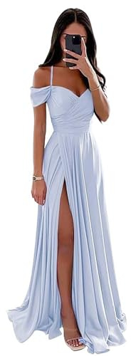 Damen Off Shoulder Satin Brautjungfernkleider Lange Spaghettiträgern Ballkleid A-Linie Formelles Abendkleid mit Schlitz