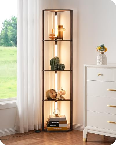 EDISHINE LED Floor Lamps with Shelves, 4 Layers Wood Dimmable Standing Lamp
