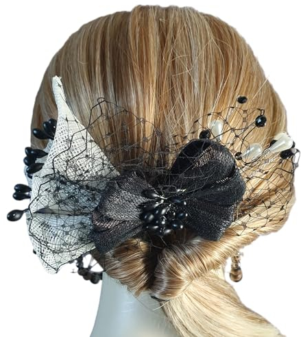 Handgemachter Haarkamm mit Blumen in Weiß Sinamay und schwarzem Stempel- Elegantes Haarschmuck für Hochzeiten, Gäste und Partys
