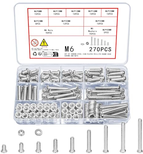 Vwoqiy 270 Pièces M6 Vis Boulons et Écrous et Rondelles Assortiment Kit, Boulons Vis à Tête Cylindrique, Vis à Métaux Cruciforme Galvanisées, DIN 7985(argent 270 M6)