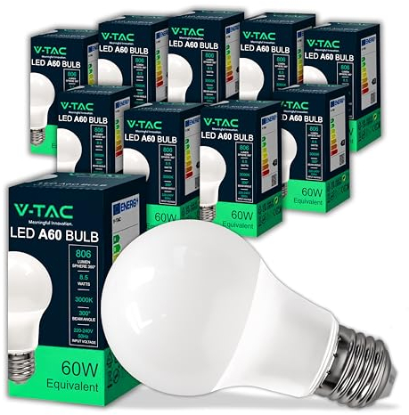 V-TAC 10x Lampadine LED con Attacco E27 8,5W (Equivalenti a 60W) A60 - Lampadine LED di Nuova Generazione - 806 Lumen - Massima Efficienza e Risparmio Energetico - 3000K Luce Bianca Calda