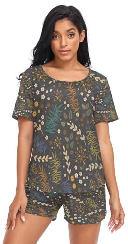 HMZXZ Damen Schlafanzug-Set Blumen Blume Jahrgang Sommer Pyjama Woman Set,Wild Kräuter Blätter Loungewear und Shorts Lounge Set Sleepwear Nachtwäsche