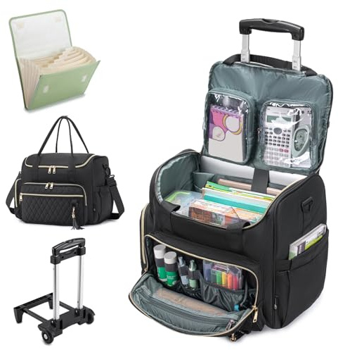 SUCIKORIO Rolling Laptop Bag 17.3 Inch With Accordion File Folder 3 IN 1 Rolling Briefcase for Women Waterproof Teacher Tote Bag With Wheels With Detachable Trolley for Office, College, Nurse, Black