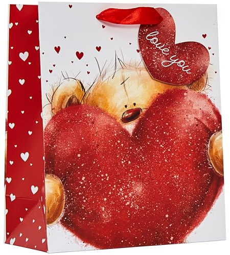 Design By Violet Love You Bear Valentines Day Red/White Paper Gift Bag with Red Heart Gift Tag and Red Print - Special Love Gift Bag For Loved Ones - Large Size