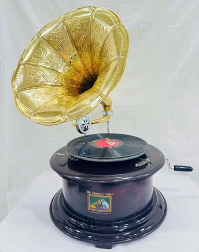 Réplique de gramophone vintage à l'aspect ancien, base en bois avec sculptures florales, haut-parleur en corne dorée (gramophone rond uni marron foncé (38 x 38 x 68 cm)