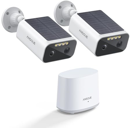 ANSQUE 2K 3MP Camera Surveillance WiFi Exterieure sans Fil Solaire – Batterie 365 Jours, Kit 2 Cam + Home Station, 32 Go Stockage Local sans Abonnement, AI Détection Humaine, Vision Nocturne Couleur