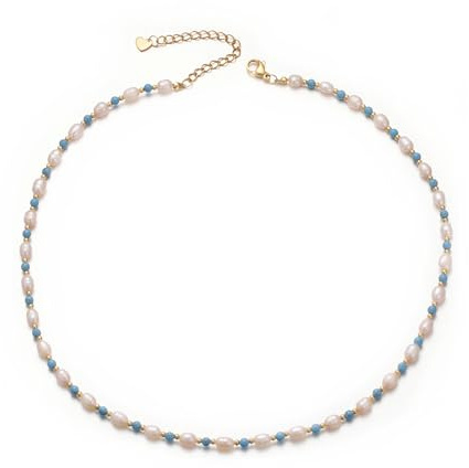 Aleasha Perlenkette Damen Boho Grüner Aventurin Blau Türkis Steine Kette süßwasserperlen Strand Halskette Edelstahl Handgefertigte Schmuck 40+5cm