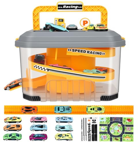 Toy Car Track Storage Playset - Toddler Toys for Ages 2-4, Car Track Set Including 12 Diecast Cars, PlayMat, Race Tracks, Car Ramp, Kids Birthday Gift for 2 3 4 5 Year Old Boys