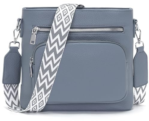 Snmoec Handtasche Damen mittelgroß umhängetasche Damen Handy Crossbody Bag Leder PU damentaschen mit breitem Gurt Handtasche Graublau