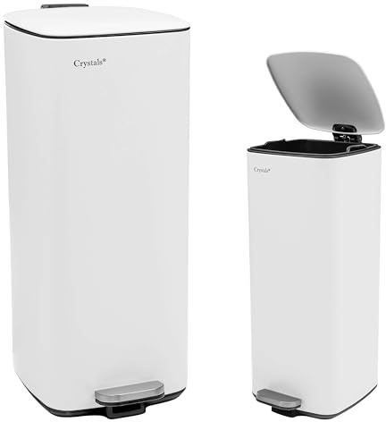 Crystals 30L Square Slim Pedal Bin with Soft Close Lid – Compact Waste Bins for Bathroom, Kitchen, Toilet or Office – Hands-Free Rubbish Bin with Removable Inner Bucket, Modern Design (White)