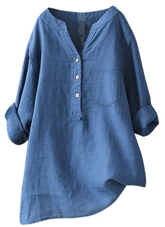 Enfärgad knapp långärmad toppar långa ärmar blus kvinnor t-shirt bomull linne tunn, stora storlekar toppar v-ringad skjorta andas långärmad tröja casual linneskjorta mode blusar