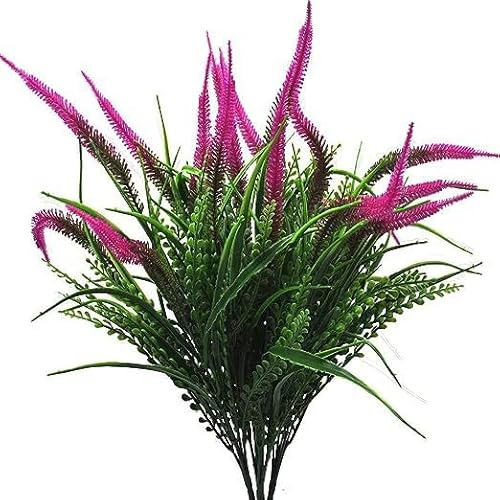 SUXUMHAO Plantas artificiales para exteriores, resistentes a los rayos UV, arbustos de plástico sintético para interiores y exteriores, decoración del hogar, 8 unidades, morado y rojo
