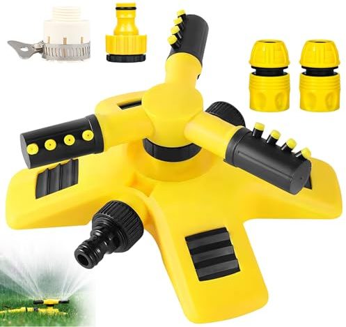 Automatisk trädgårdssprinkler med slangfäste, justerbar rotation gräsmatta vattensprinkler, 360° 3-armars roterande gräsmattor vattningssystem för utomhusgräs, växter, blommor, grönsaksbevattning (gul