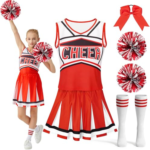 Lubolee Déguisement Pompom Girl Fille avec Haut, Jupe, Bandeau, Pompons et Collants - Déguisement d'Animatrice Enfant pour Carnaval, Halloween, Cosplay et Représentations