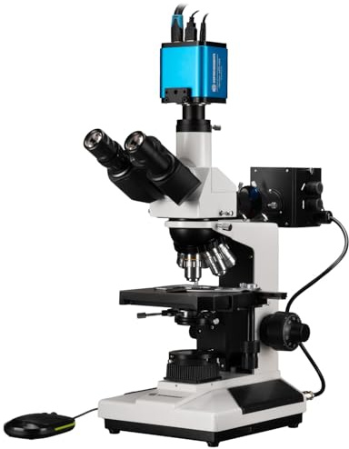 Bresser Microscope trinoculaire à lumière réfléchie/transmise avec MikroCam Pro HDMI Autofocus, éclairage halogène 20 W, Fonction autofocus