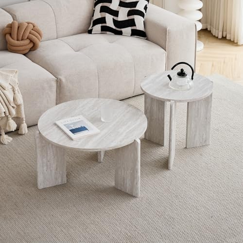 GrandCA HOME Juego de Mesa de Centro de 2 Piezas, Moderna Mesa Auxiliar Nórdica de Tres Patas, Material de Tablero MDF, para Sala de Estar, Dormitorio (Travertino Gris)