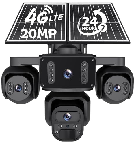 SHIWOJIA 4G AOV Caméra Solaire【Quatre Objectif】, 20100mAh Camera Extérieure sans Fil, Détection de Personne 20MP HD, Autonome sur Batterie Enregistrement continu 24/7,Vision Nocturne IP