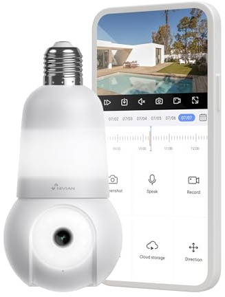 NIVIAN WiFi-övervakningskamera glödlampstyp E27 2K - 360° rörelse med ljud, ljus, mänsklig igenkänning och spårning, kompatibel med Alexa, Google Home, Tuya App
