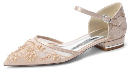 Yhsdfcn Platta Bröllopsskor med Spetsbaksida, Spetsiga Ballerinas i Mesh med Ankelrem, Eleganta Festskor med Blomsterbroderi och Låg Klack,Champagne,39 EU