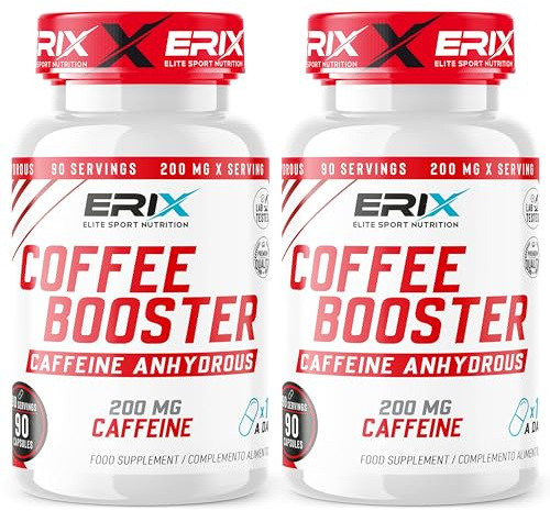 ERIX Nutrición Pack de 2 Coffe Booster, 180 Cápsulas | 200mg de Cafeína Anhidra Pura, Energía Explosiva Pre-Entreno, Máximo Enfoque Mental, Termogénico Acelerador del Metabolismo