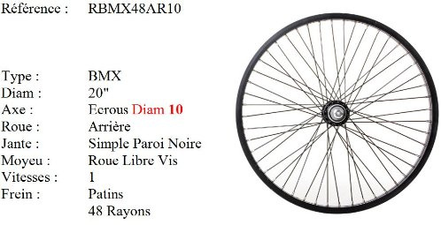 rovva – Hinterrad BMX 20 Zoll von Französisches Produkt (ETRTO: 406 x 37) – Eine Geschwindigkeit – 48 Speichen – Achse Nabe 10 mm – schwarz