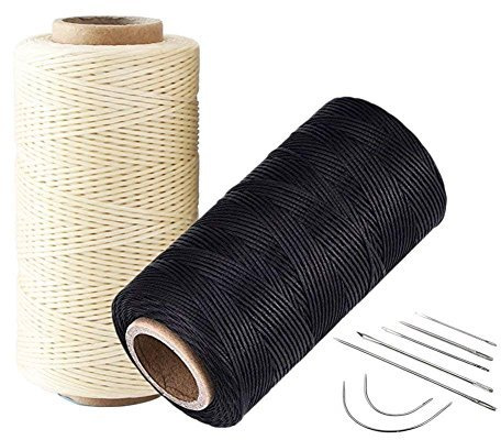 2pcs 260 Meter 0.8mm 150D Flache Leder gewachst Wax Gewinde, Wachs-Draht-Polyester-Linie mit 1 Set (7pcs) Gebogene Polster N?hnadeln f¨¹r Mei?el Ahle Polster-Schuhe Gep?ck Handwerk (Beige + Schwarz)