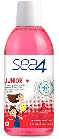 Sea4 Colutorio Junior Uso Diario, Protección Frente a Caries, Cuidado de Encías, Formulado con Agua de Mar, Sin Alcohol, Sabor Fresa, 500ml