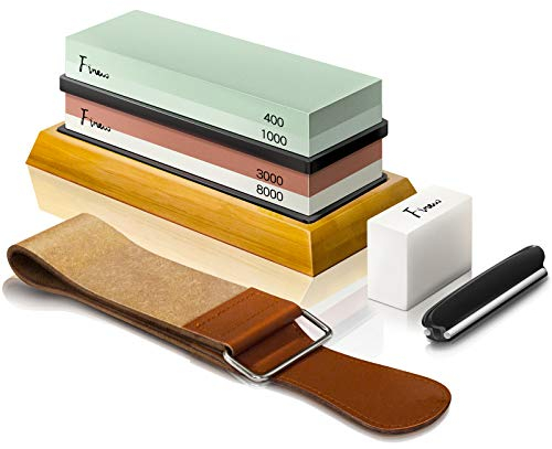 Juego de Piedra de Afilar, Finew Piedra de Afilar profesional 400/1000 3000/8000, Piedra de afilar para cuchillos, con base de bambú antideslizante, piedra de aplanar, guía angular y tiras de cuero
