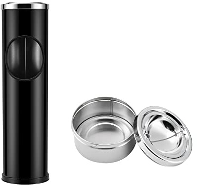 Anfrere Standing Ashtray Outdoor for Patio, Large & Tall Outside Ash Tray for Cigarette Butt Receptacle Disposal, Commercial Metal Smokers Cigar Ash Tray Container with Lid and Trash Can, D01BK