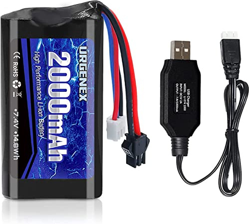 URGENEX 7,4 V Li-Ion Akku 2000 mAh 2S Akku mit SM 2P Stecker Hohe Kapazität für Fernbedienung RC Boot 1 Packung H101 RC Batterien mit 1 USB-Ladegerät