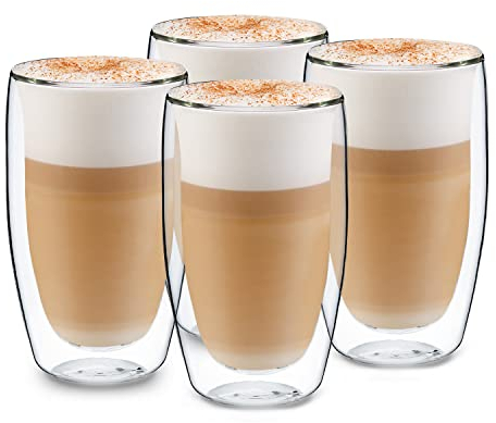 GLASWERK - Bicchieri di design per latte macchiato (4 x 450 ml) e cappuccino, vetro borosilicato a doppia parete, bicchieri da tè e caffè lavabili in lavastoviglie, set di bicchieri termici