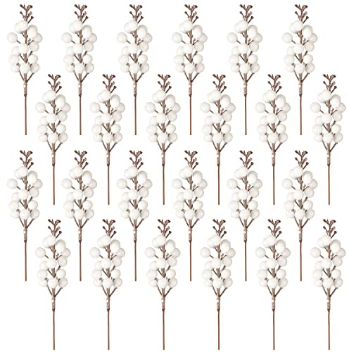 24 Piezas decoración de Bayas Rojos,Palillos Artificiales de Bayas Rojos Acebo Bayas Rojas Ramas Tallos de Bayas navideñas para el árbol de Navidad Temporada de Vacaciones (Blanco)