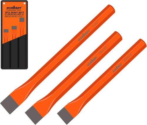 HORUSDY 3-Pieces Heavy Duty Cold Chisels Set, Long 8, 10, 12, with Roll Pouch, 1 in, 7/8 in, 25/32 in