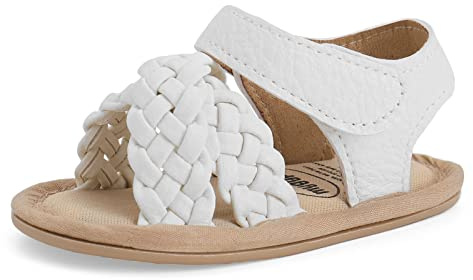 LACOFIA Sandali Estive Neonata Battesimo Scarpe Primi Passi per Bambina con Suola in Gomma Antiscivolo Bianco 3-6 Mesi