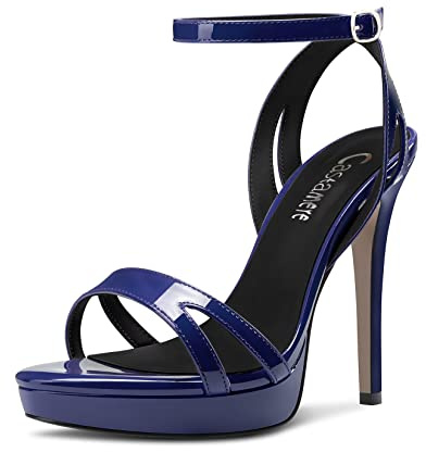 Castamere Mujer Aguja Alto High Plataforma Heel Abierta Punta Correa Tobillo Sandalias de Boda Baile 12 CM Heels Azul Marino 37 EU