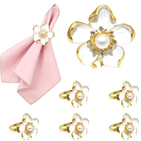 Davifina Serviettenringe mit weißen Blumen, 8 Stück, Strass-Perlen, Serviettenringe, Halter für Tischdekoration, Hochzeit, Geburtstag, Party, Erntedankfest, Valentinstag (Blumen-Gold 8)